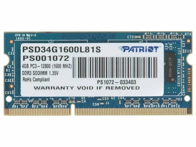 Модуль памяти Patriot PSD34G1600L81S DDR3L -4ГБ, 1600 | Фото 1 из 1