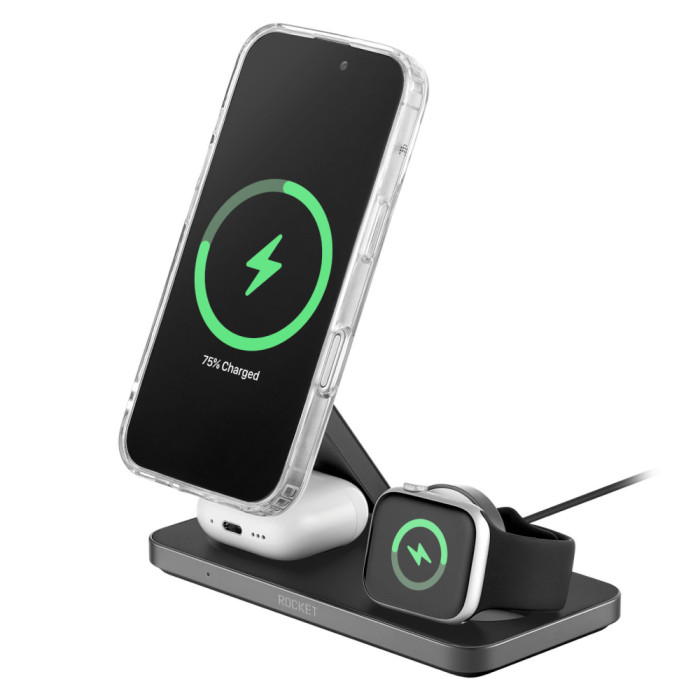 Беспроводное зарядное устройство 3в1 ROCKET Magic, мощность 23Вт, чёрный
