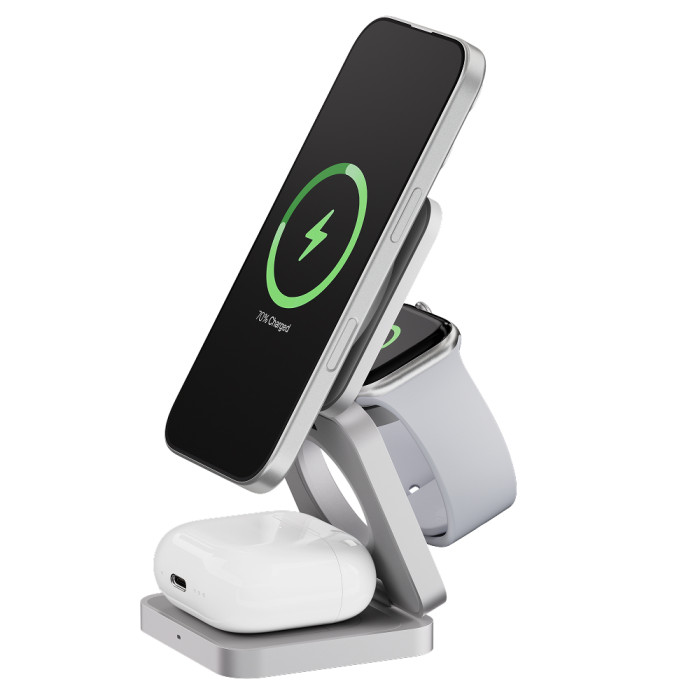 Беспроводное зарядное устройство uBear Balance Ultra, 3-в-1, с поддержкой MagSafe, Qi2, Серебро | Фото 1 из 7