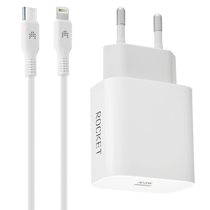 Сетевое зарядное устройство ROCKET Space Combo, 20W, USB-C + кабель Type C/Lightning, белый