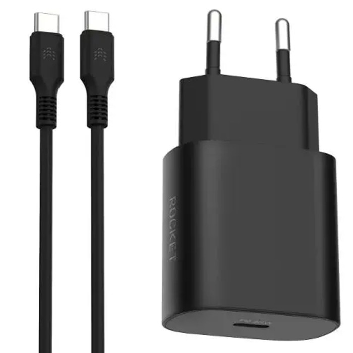 Сетевое зарядное устройство ROCKET Step Combo 25W, USB-С + кабель USB-C/USB-C 60W, 3A, черный